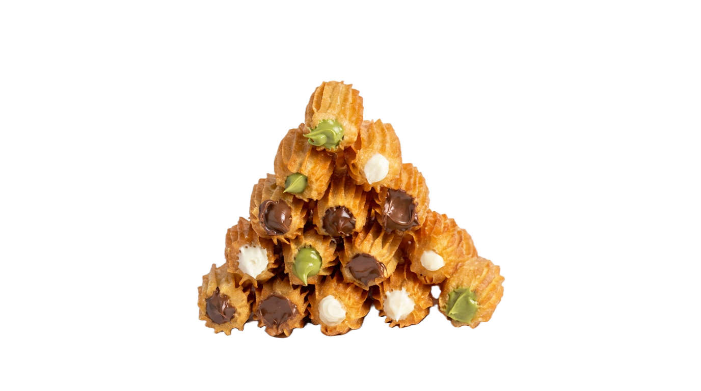 Stacked lokmaiyat cones filled with pistachio, chocolate and white cream